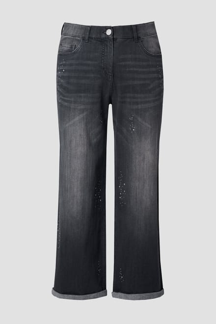 Ulla Popken - Dames - Jeans Mary sierstuds wijde pijpen comfortabele tailleband - Zwart - Maat 21