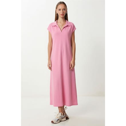 Polo-Kraag Pull-On Midi Jurk met Zak