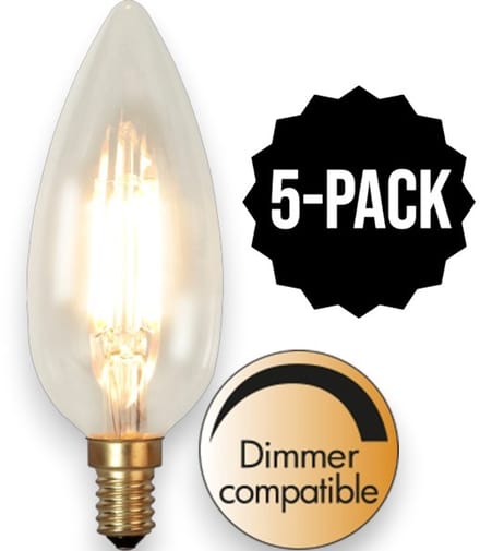 5-Pack | Kaarslamp - E14 - 3W - Super Warm Wit <2200K - Dimbaar - Filament - Helder