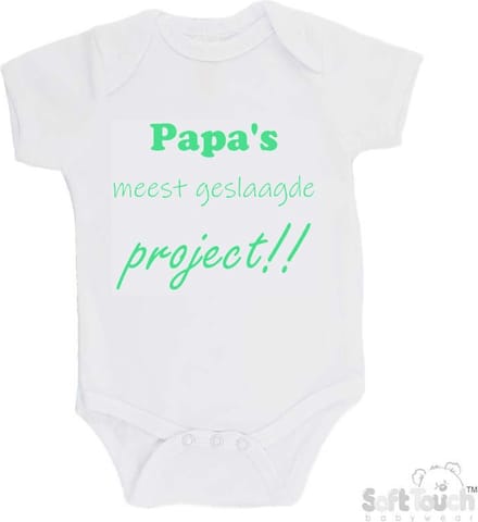 Soft Touch Romper "Papa's meest geslaagde project" Unisex Katoen Wit/mint Maat 62/68