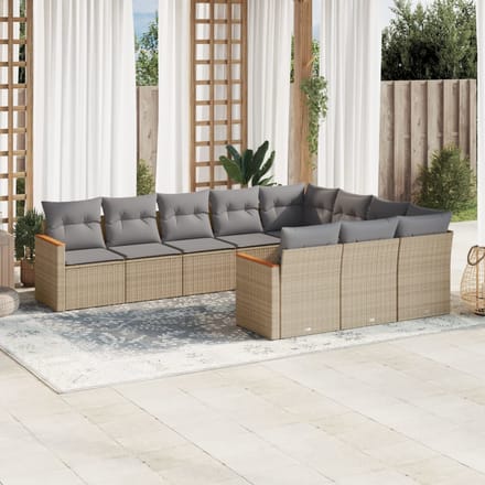 vidaXL - 10-delige - Loungeset - met - kussens - poly - rattan - gemengd - beige