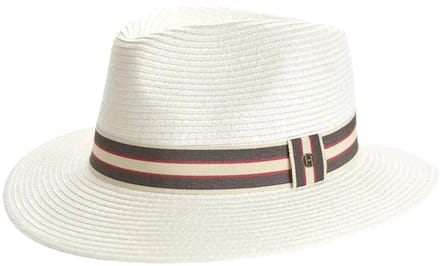 Stripe Fedora – Zonnehoed Dames & Heren UV Bestendig - Maat: M-L: 58 cm - Ivory/Taupe/Red