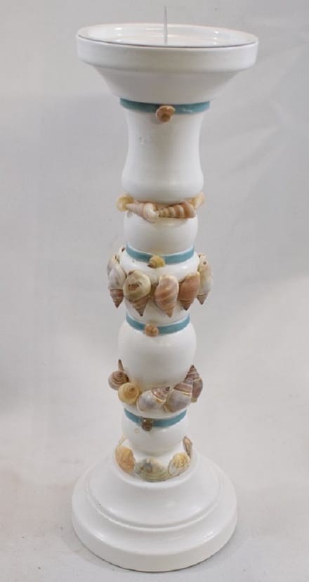 ZoeZo Design - Kaarshouder - kandelaar - Schelp - hout - blauw - wit - nautisch - strand - beach - zee - H 32 cm Ø 11 cm