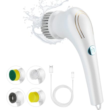 Brosse de nettoyage multifonctionnelle, épurateur électrique à rotation, avec 5 têtes, sans fil, portable, pour la cuisine blanc