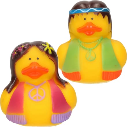 Flower power hippie stel badeendjes met vestje en peace teken - 5 cm