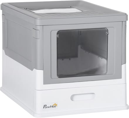PawHut Kattenbak - 47 x 35 x 37 cm - Met Deksel + Desodorantbox - Wit + Grijs