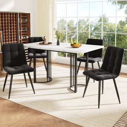 Sweiko Eettafel en stoelen set - Uitschuifbare eettafel - Marmerlook - 4 velvet stoel - Wit + Zwart