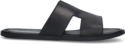 Manfield - Heren - Zwarte leren slippers - Maat 42