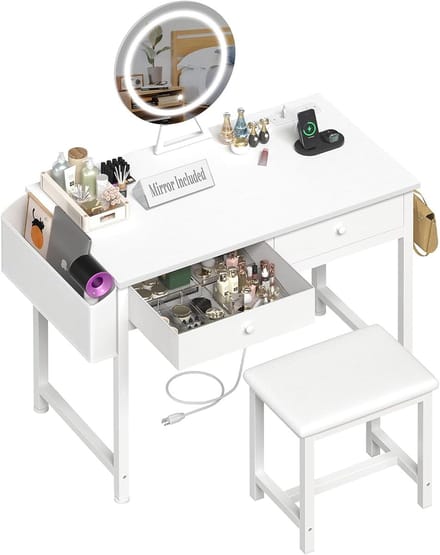 Witte Kaptafel met Spiegel, Verlichting en Kruk - Moderne Make-up Tafel met Stopcontact
