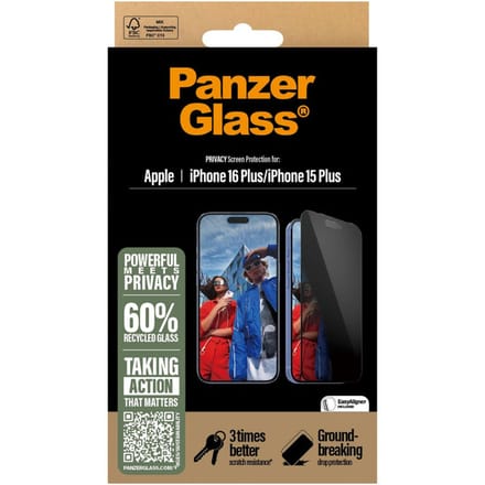 PanzerGlass Screenprotector geschikt voor Apple iPhone 16 Plus Glazen | PanzerGlass Ultra-Wide Fit Privacy Screenprotector Privacy - Case Friendly - Zwart