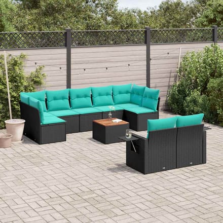 vidaXL - 10-delige - tuinbankset - met - kussens - van - zwart - polyrotan