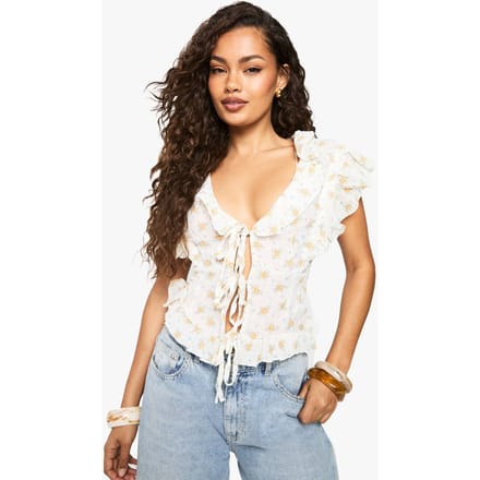 boohoo Dames Geweven bloemenprint tie-front top | White | Maat: XS