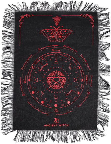 Ancient Witch Pendulum Divination Cloth - Mystic Moth - Black & Blood Red