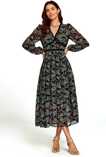 Midi-jurk met bloemenprint en lange mouwen in bruin