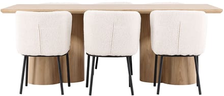 Olivia eethoek tafel 100x210cm en 6 bouclé stoelen naturel.