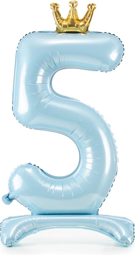 Partydeco - Staande folieballon Cijfer 5 Sky-Blue met kroon 84 cm