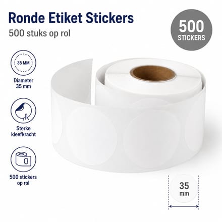 500 Etiketten Rond Wit Stickers 35 mm op Rol - Label Blanco Stickers Gekleurd - Sluitzegel - Dappaz