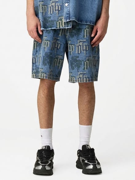 Fraktur printed denim shorts