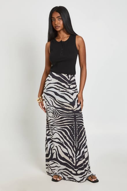 boohoo Dames Maxi Mesh Rok Met Zebraprint | Zwart | Maat: 38