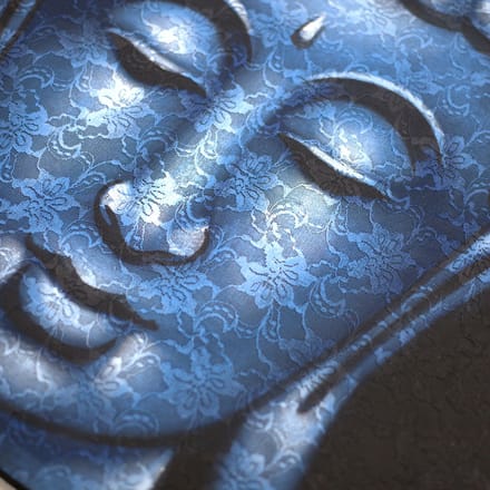 Boeddha schilderij - Blauw brokaat detail