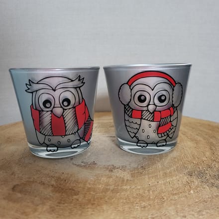 Set van 2 Theelichtjes - Kerst - zilver glas - uiltjes