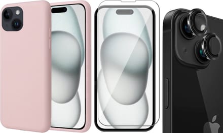 Hoesje geschikt voor iPhone 15 Plus - Screenprotector GlassGuard & Camera Lens Screen Protector Zwart - Back Cover Case SoftTouch Roze