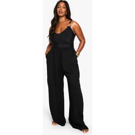 boohoo Dames Plus Beachwear Essentials Wijde Pijpbroeken | Zwart | Maat: 56