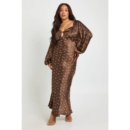 boohoo Dames Plus Polka Dot Volume Mouw Satijn Midaxi Jurk | Chocoladebruin | Maat: 48