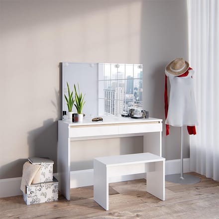 Witte Kaptafel 120 cm met Spiegel, LED Verlichting en Zitbank
