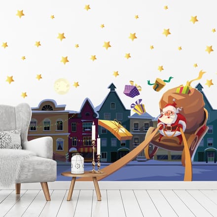 Kerststicker: Kerstman in de stad - Kerststickers - feestversiering - 100x150cm