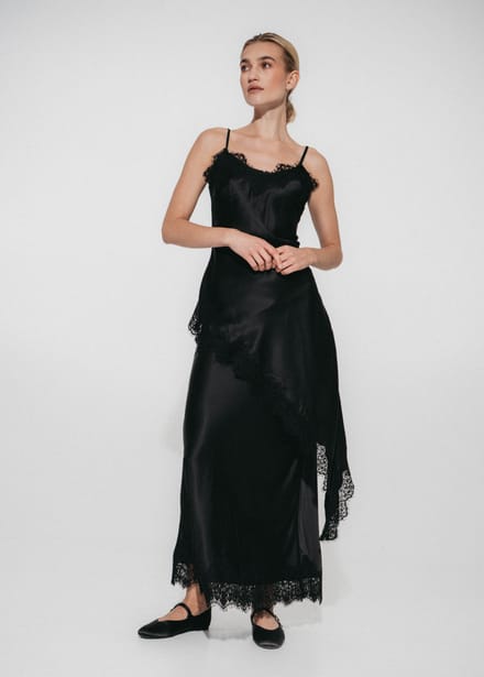 Esra silk skirt whit lace trim | Black - Black / S
