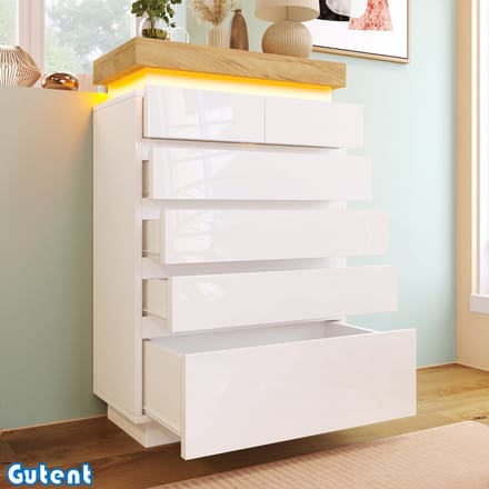 Gutent Ladekast - Hoogglans dressoir - 6 laden - LED Verlichting - 115 x 73 x 39 cm - Wit