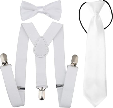 Fako Fashion - Kinder Bretels, Vlinderstrik & Stropdas - Set - Wit