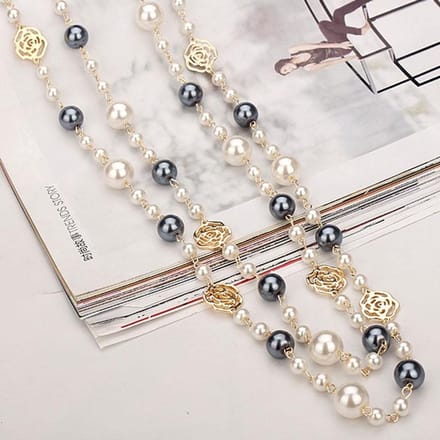 Beroemde Camelia Parel Lange Ketting Voor Vrouwen Dubbele Laag collane lunghe donna Roos Bloem Truiketting Ketting gray
