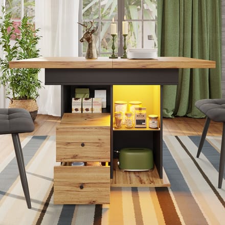 Wishdor Eettafel 110-140*80*75cm, uitschuifbaar, MDF blad met geïntegreerde LED en opbergruimte