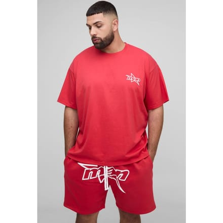 Plus Men's Star Puff Print Oversized T-Shirt & Relaxed Jersey Short Set | Red | Size 2XL