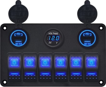 ProRide Schakelpaneel 12V voor Auto/Boot - USB Lader 4 poorten met Voltmeter - QC3.0 - 6 Schakelaars