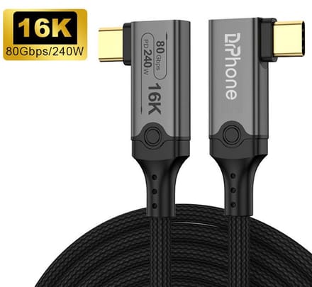 DrPhone HyperLinkX5 USB-C Kabel – 80Gbps – 240W PD – 16K 60Hz – Thunderbolt 5/4 – USB4 – 90° – 0,50 Meter