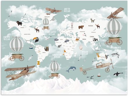 Wereldkaart - Kind - Vliegtuig - 160x120 cm - Poster