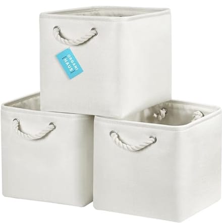 Set of 3 fabric cube baskets with rope handles 28x28, completely off-white