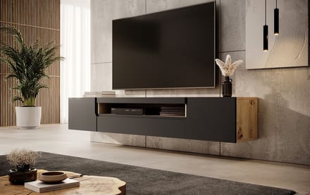 Meubella - TV-Meubel Dylan - Mat zwart - Eiken - 200 cm