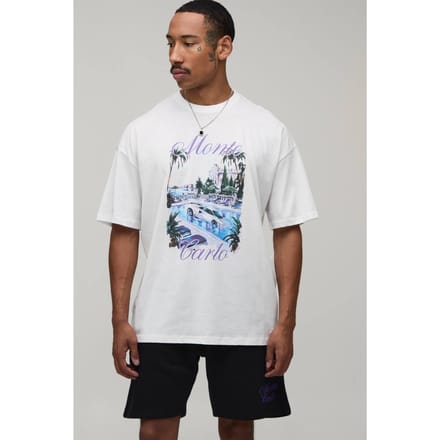Oversized Monte Carlo Location Print T-Shirt & Short Set | White | Size Medium