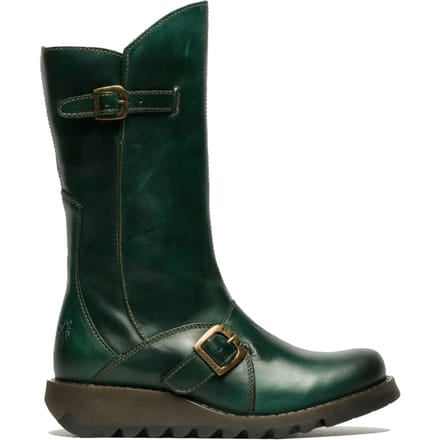 Fly London Dames Groene MES 2 Wedge Heel Buckle Mid-Calf Leren Zip Platform Laarzen