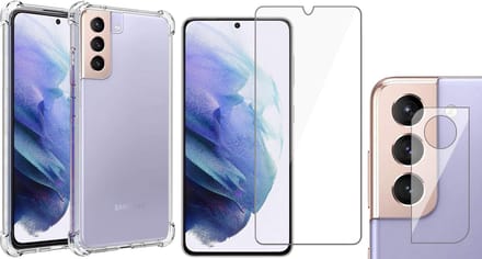 Hoesje geschikt voor Samsung Galaxy S21 Plus - Screenprotector GlassGuard & Camera Lens Screen Protector - Back Cover Case ShockGuard Transparant