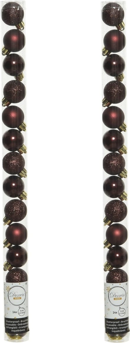 Decoris Mini kerstballen - 42x st - mahonie bruin - D3 cm - kunststof - kerstversiering