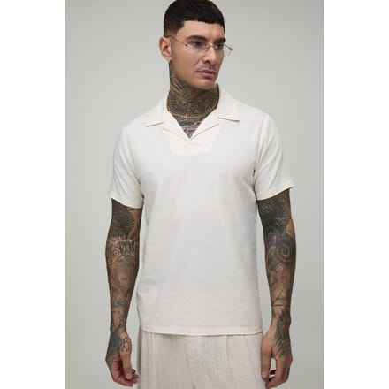 Tall Linen Blend Slim Revere Polo T-Shirt | Natural | Size Medium