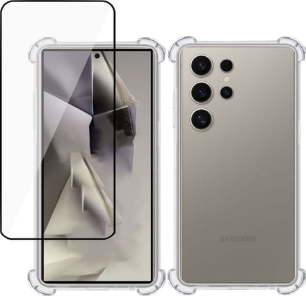 Hoesje + Screenprotector geschikt voor Samsung Galaxy S24 Ultra – Full Screen Tempered Glass - Extreme Shock Case Transparant