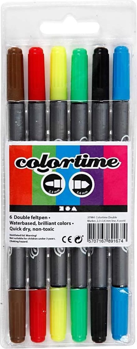 Colortime Dubbelstift, lijndikte 2,3+3,6 mm, standaardkleuren, 6 stuk