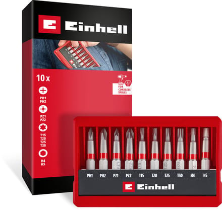 Einhell 10-delige bitset (50 mm bits PH/PZ/T/H, gezandstraald S2-staal, E 6.3 schacht, etui met standaardfunctie)
