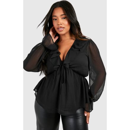 boohoo Dames Plus Ruffle Tie Front Smock Top | Zwart | Maat: 52